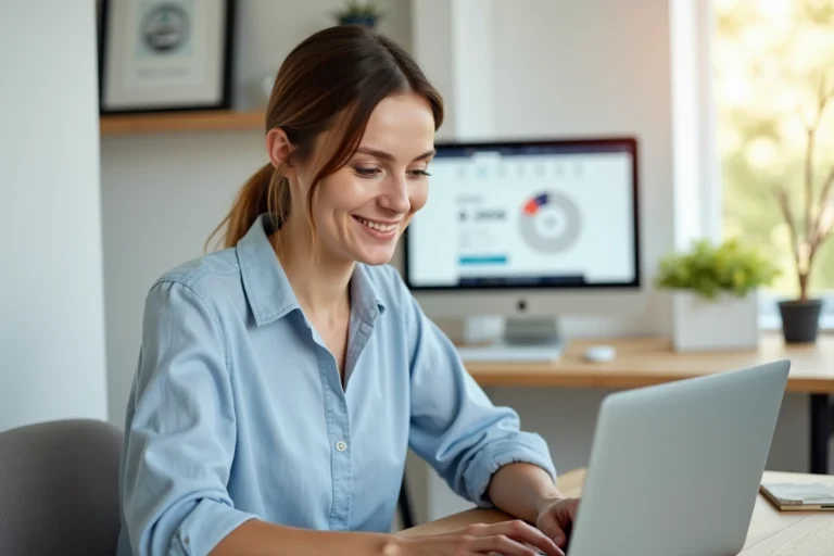 Femme accédant à son espace client Siblu Connect sur un ordinateur portable depuis son bureau à domicile