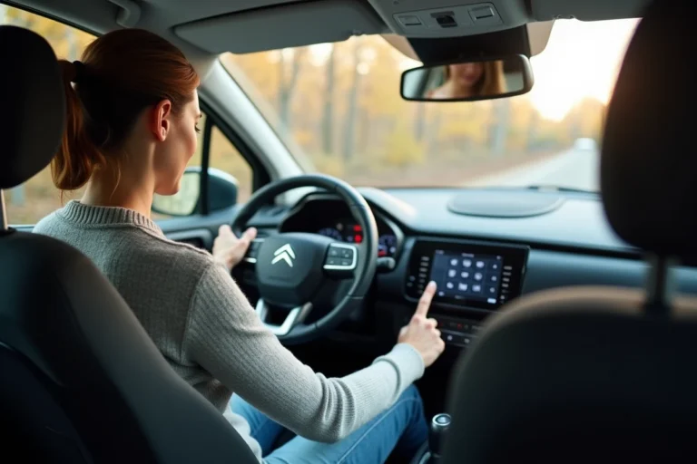 Femme activant le Bluetooth sur l'écran tactile de sa Citroën C3 depuis le siège conducteur