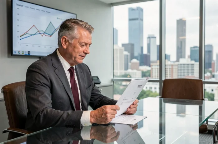 Agent immobilier senior analysant les tendances du marché immobilier 2024 dans un bureau moderne