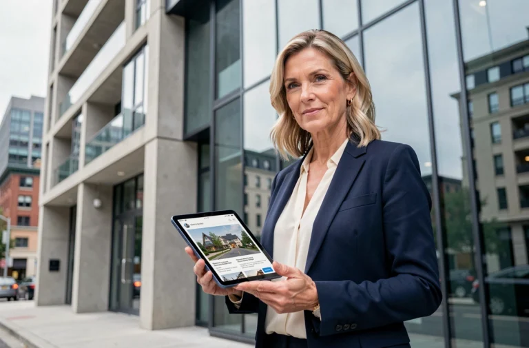Agent immobilière devant un immeuble moderne tenant une tablette avec des annonces en 2024