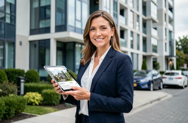 Agent immobilière professionnelle présentant des annonces sur tablette devant un immeuble résidentiel moderne