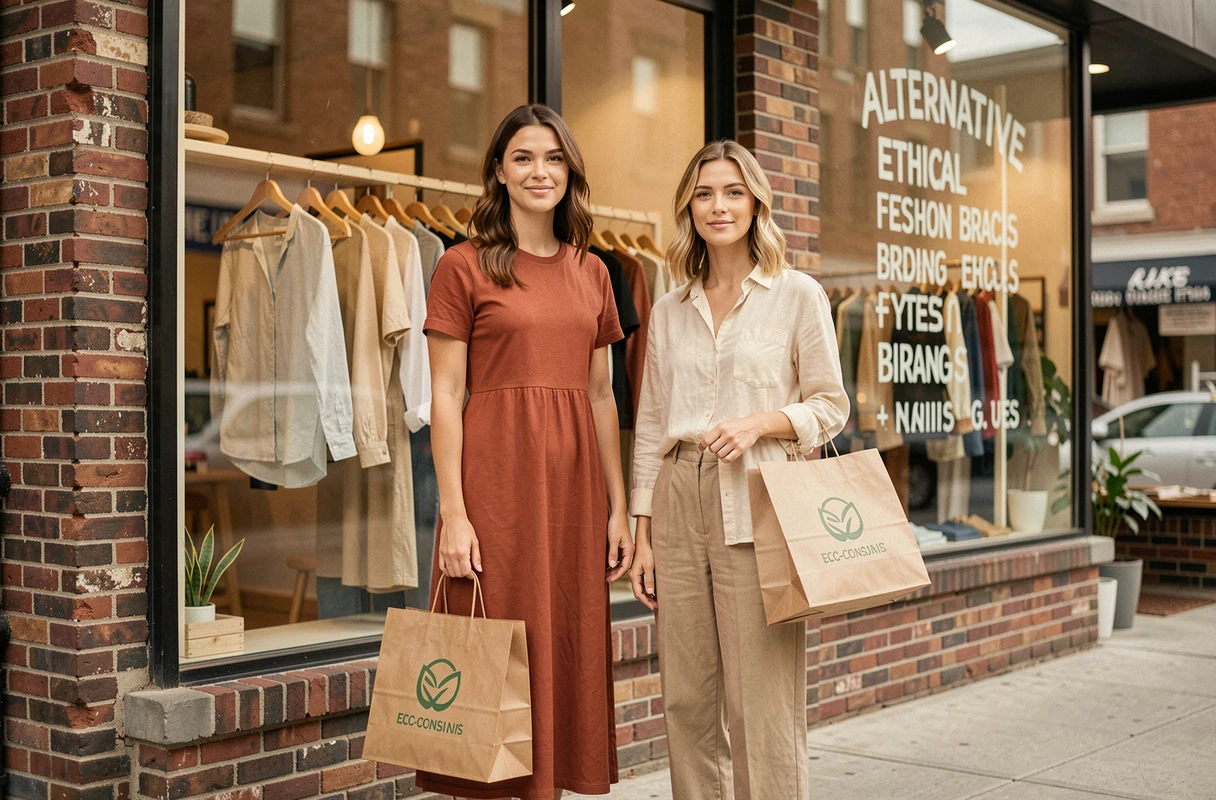 Deux femmes souriantes devant la vitrine d'un concept store de mode durable en centre-ville, tenant des sacs en papier de marques éthiques