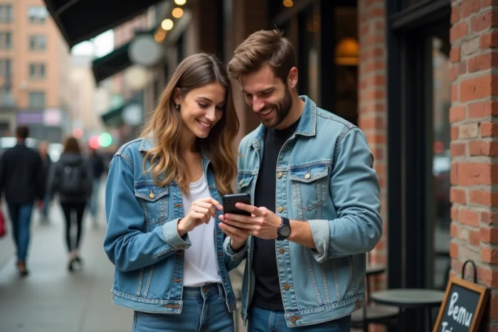 Deux amis découvrant ensemble la bêta Instagram sur smartphone devant un café urbain