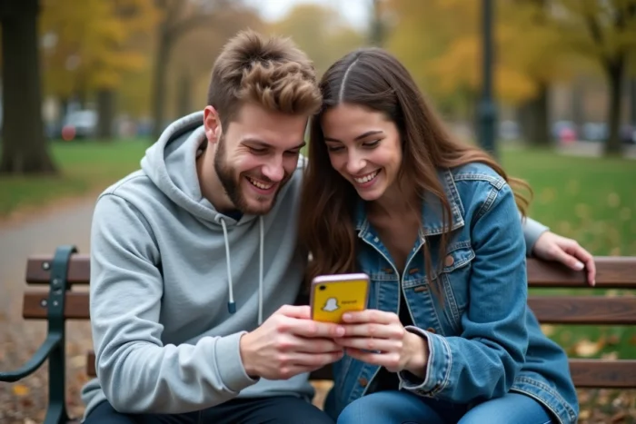 Deux amis regardant ensemble le cœur jaune Snapchat sur un téléphone dans un parc en automne