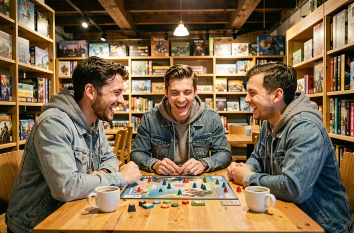 Groupe d'amis jouant à un jeu de société dans un café moderne, activité de loisir conviviale et divertissante