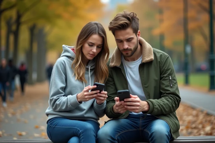 Deux amis regardant ensemble des avis sur un smartphone dans un parc, discutant de la fiabilité des témoignages publiés en ligne