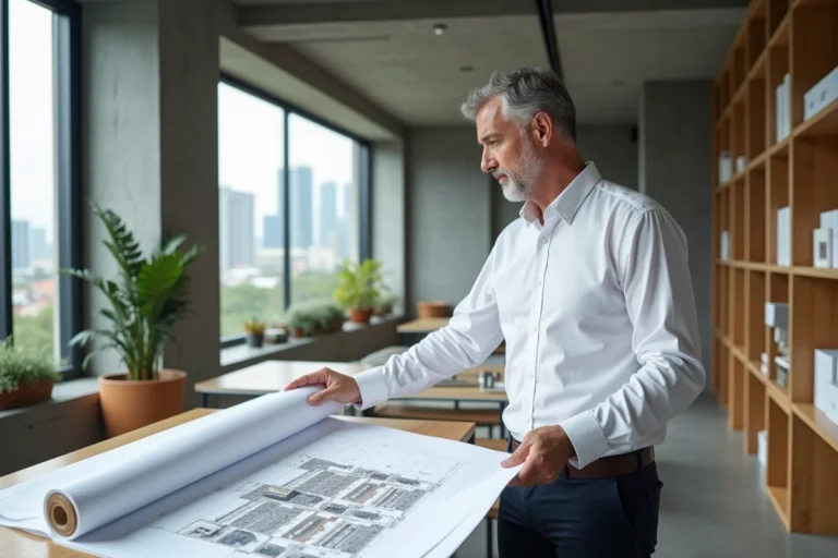 Architecte immobilier examinant des plans de résidence dans un bureau moderne avec vue sur la ville