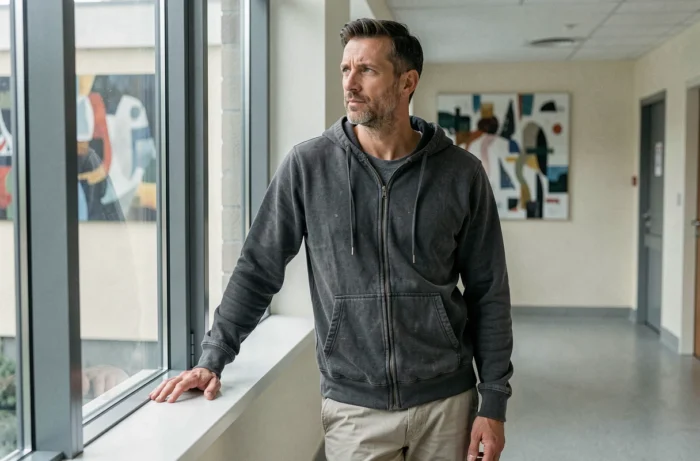 Homme regardant par une fenêtre de couloir hospitalier, posture mélancolique évoquant le parcours d'un artiste confronté à une maladie auto-immune chronique