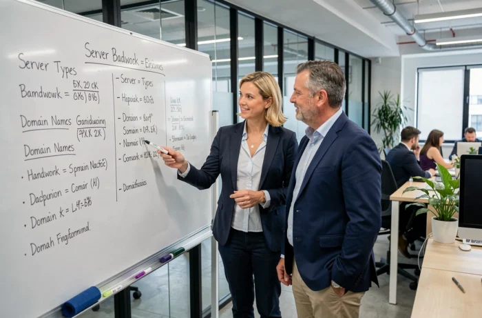 Deux associés en train de comparer les critères de sélection d'un hébergement web sur un tableau blanc en espace de coworking