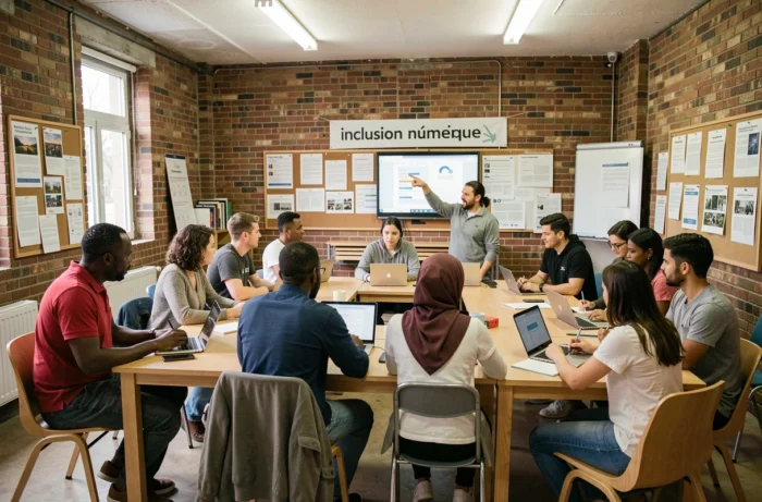 Atelier d'inclusion numérique dans un centre communautaire montrant des adultes d'horizons divers apprenant à utiliser Internet avec l'aide d'un bénévole