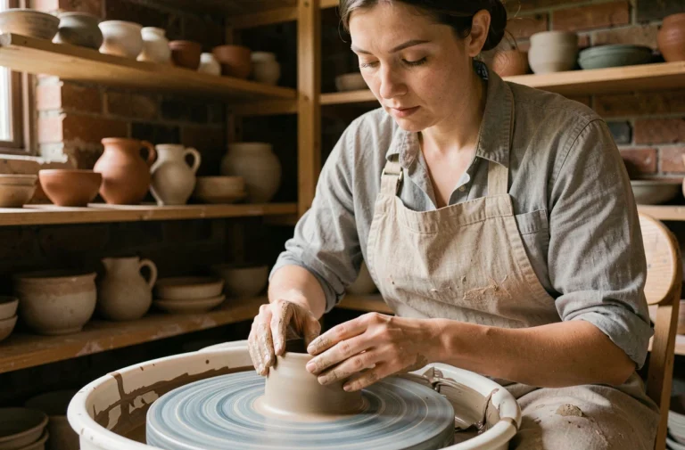 Femme en tablier façonnant un bol en céramique sur un tour de poterie dans un atelier artisanal rustique