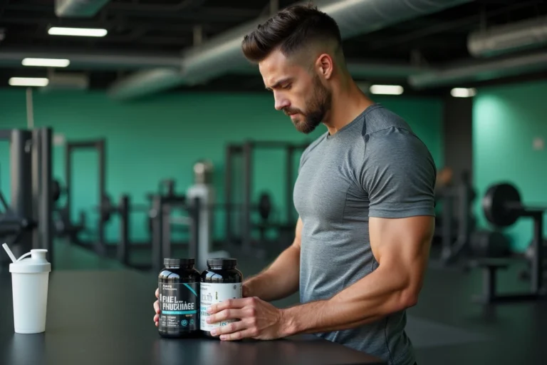 Athlète masculin en salle de sport comparant des compléments alimentaires probiotiques et créatine posés sur un comptoir