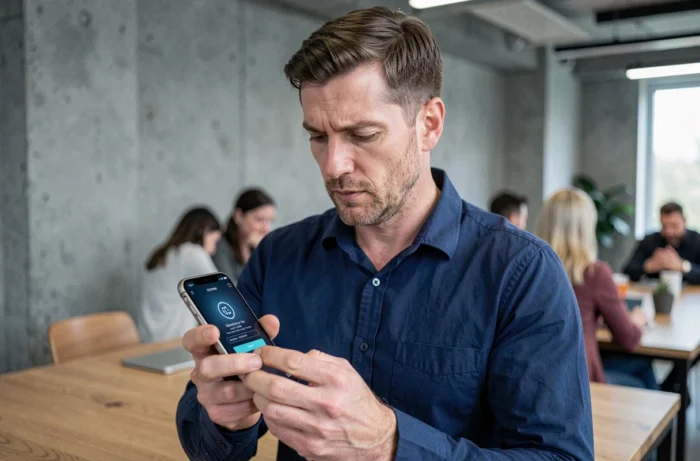 Homme authentifiant son accès au coffre-fort numérique sécurisé sur smartphone dans un espace de coworking