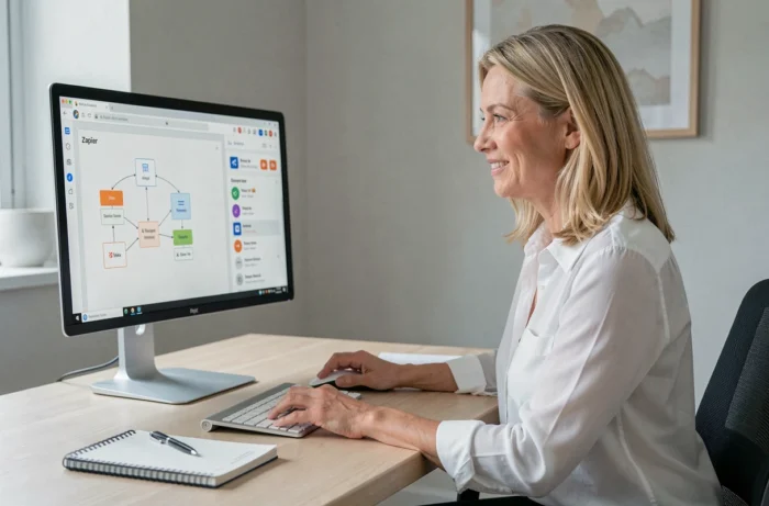 Femme configurant un outil d'automatisation de tâches administratives répétitives sur son ordinateur dans son bureau à domicile