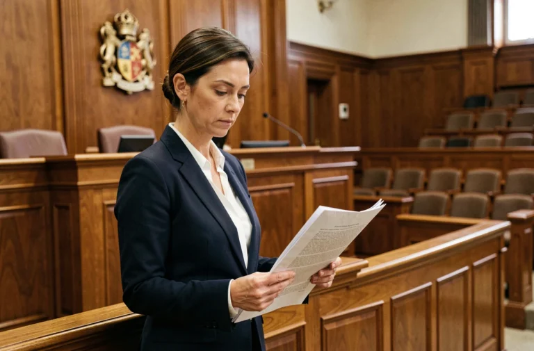 Avocate en robe de chambre examinant un document juridique dans une salle d'audience en bois au tribunal