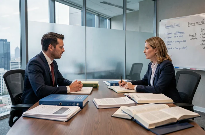 Deux avocats discutant d'une stratégie juridique autour d'une table couverte de dossiers dans un cabinet d'avocats moderne