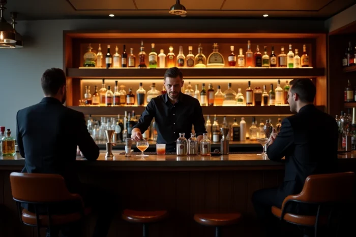 Bar sophistiqué d'un club privé en Bretagne avec cocktails et ambiance tamisée