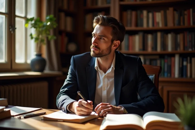 Homme pensif assis dans un bureau parisien entouré de livres, illustrant la personnalité intellectuelle de François-Xavier Bellamy