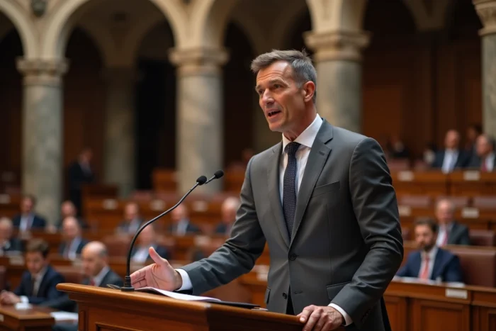 Homme politique prenant la parole dans un hémicycle européen, illustrant l'engagement public et la carrière parlementaire de Bellamy