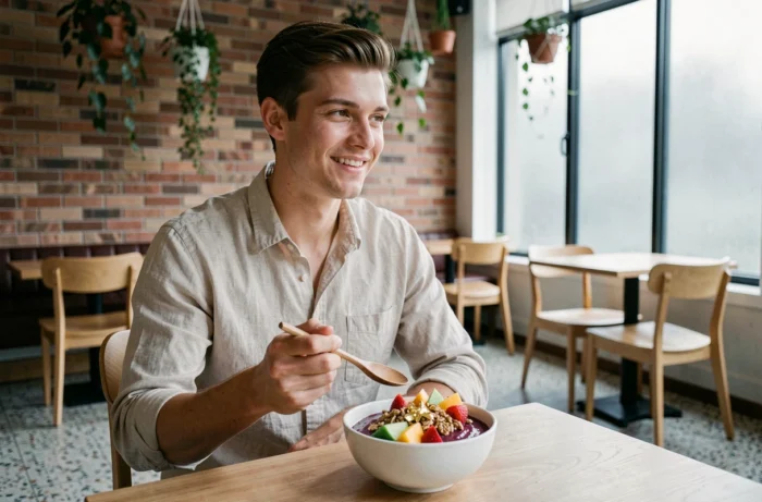 Jeune blogueur culinaire dégustant un bol açaï tendance dans un café minimaliste au décor scandinave avec briques apparentes