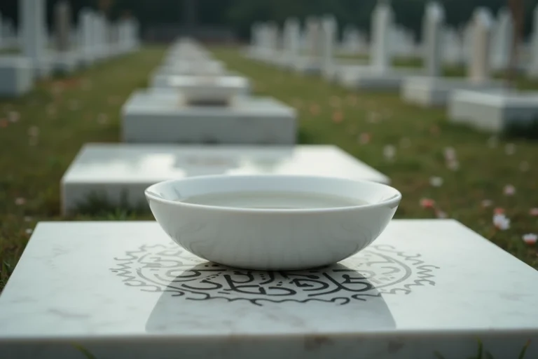 Bol d'eau en céramique blanche posé sur une stèle funéraire musulmane gravée de calligraphie arabe dans un cimetière islamique
