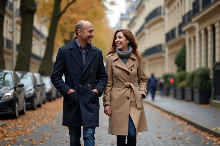 Couple complice se promenant dans une rue parisienne en automne, évoquant la vie de couple et l'intimité de Booder