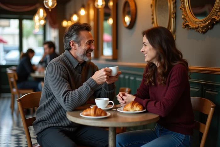 Un couple complice partageant un café dans un bistrot parisien traditionnel, illustrant l'intimité et la vie sentimentale de Booder