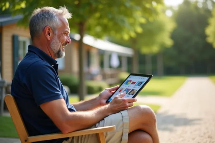 Homme consultant la boutique en ligne Siblu Connect sur une tablette depuis une terrasse de camping