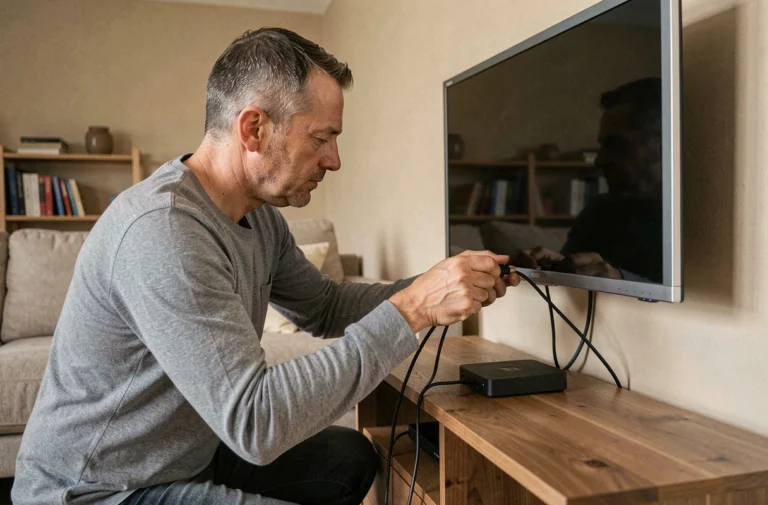 Homme branchant un boîtier IPTV sur une télévision murale dans un salon moderne