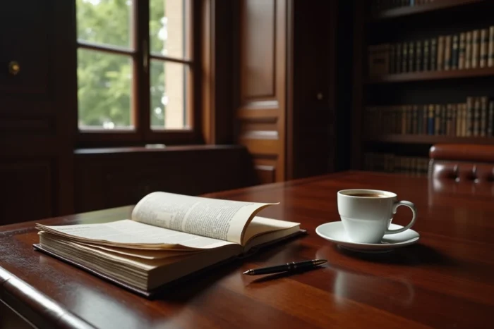 Bureau en acajou d'un manoir bourgeois français avec agenda en cuir, stylo vintage et journal Le Figaro, symboles d'une fortune discrète et d'un parcours entrepreneurial secret