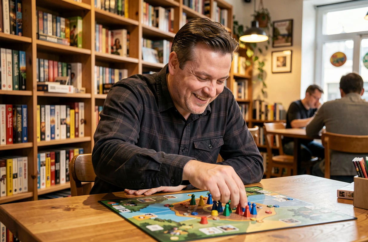 Homme souriant jouant à un jeu de société dans un café ludique chaleureux avec des étagères de jeux en arrière-plan