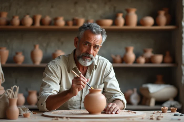 Artisan céramiste peignant un vase en argile dans son atelier traditionnel