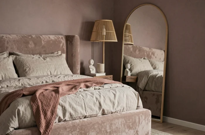 Chambre moderne apaisante avec lit plateforme en velours taupe, literie en lin froissé, miroir arrondi et lampe en rotin pour une déco contemporaine