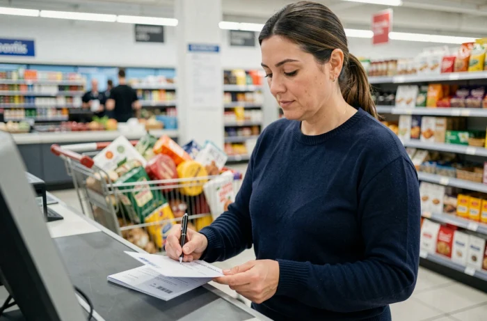 Femme écrivant un chèque différé à la caisse d'un supermarché Cora
