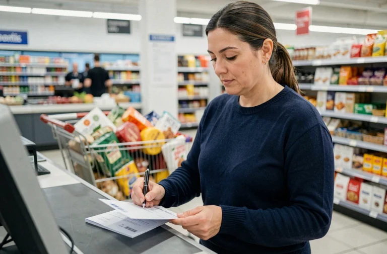 Femme écrivant un chèque différé à la caisse d'un supermarché Cora