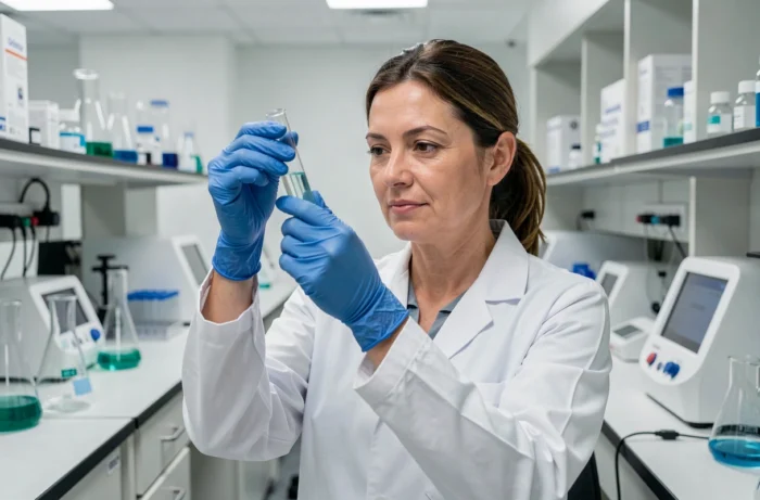 Chercheuse pharmaceutique en blouse blanche examinant un flacon dans un laboratoire médical moderne