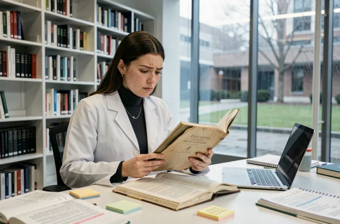 Chercheuse lisant un journal scientifique et un livre de philosophie de Descartes dans une bibliothèque universitaire moderne