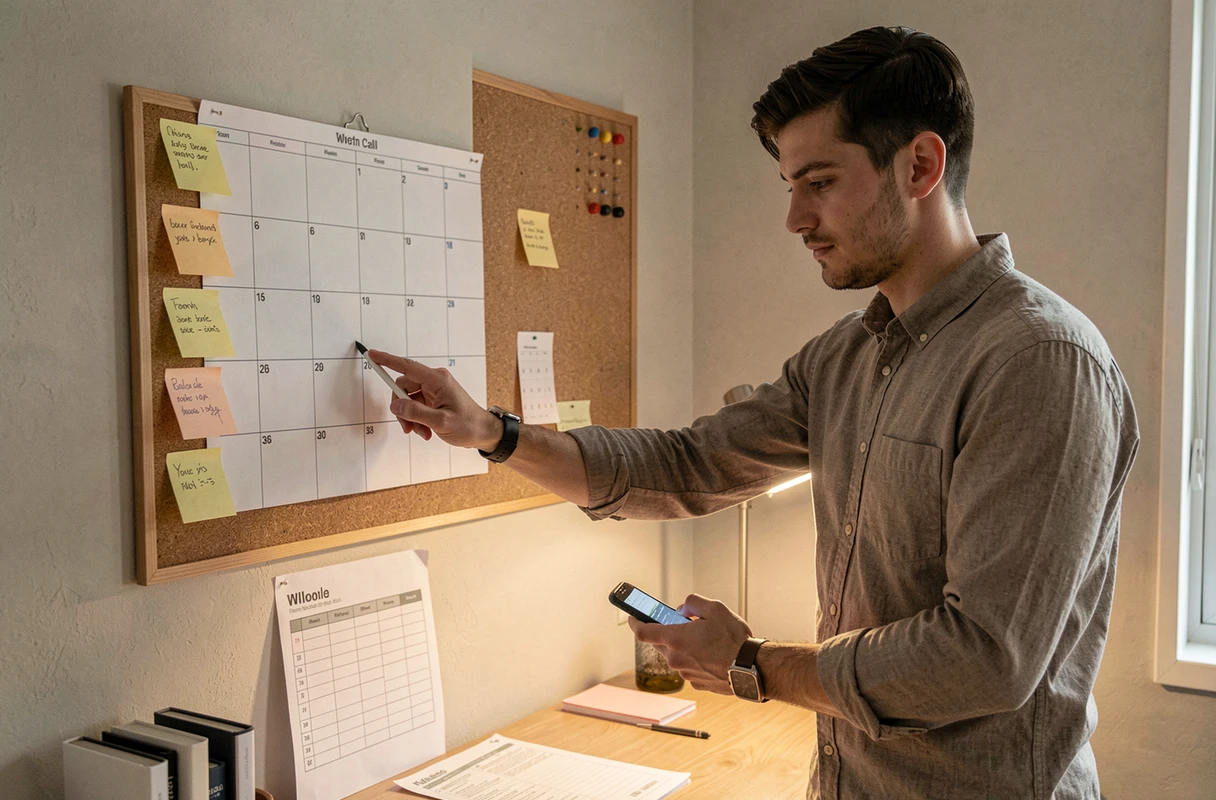 Jeune homme consultant un calendrier pour choisir le meilleur créneau horaire pour appeler sa CPAM locale