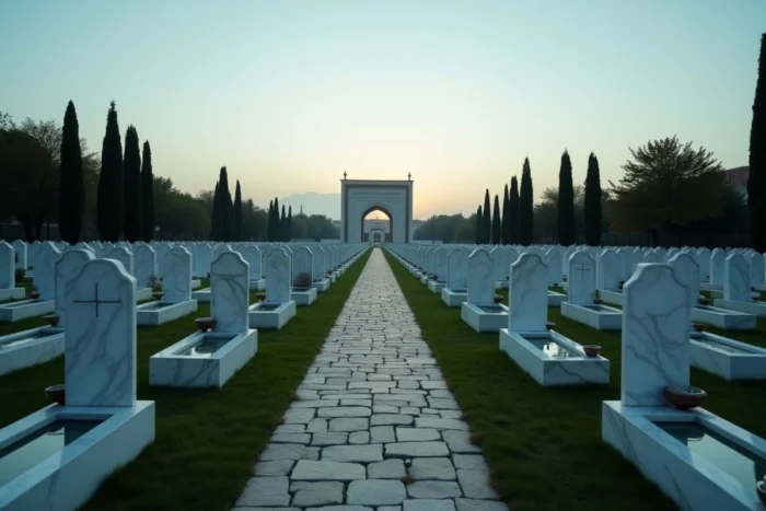 Vue large d'un cimetière musulman avec des bols d'eau posés sur plusieurs tombes au coucher du soleil, cyprès et allée en pierre