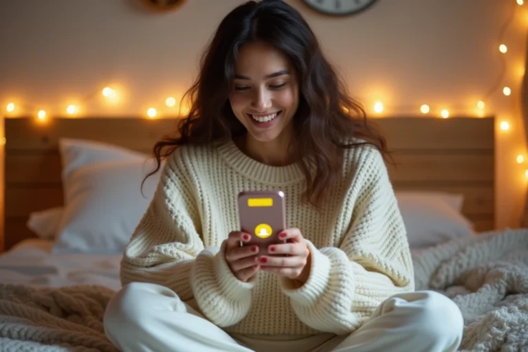 Jeune femme souriante regardant un cœur jaune sur Snapchat depuis son smartphone dans une chambre cosy