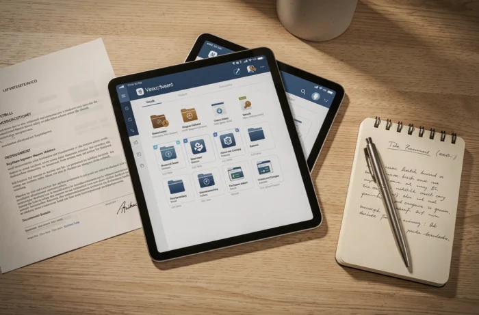 Tablette affichant un coffre-fort numérique avec des documents sécurisés organisés en dossiers sur un bureau professionnel
