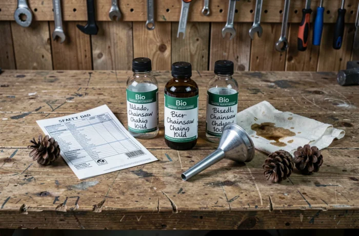 Comparaison de bouteilles d'huile de chaîne biodégradable posées sur un établi d'atelier
