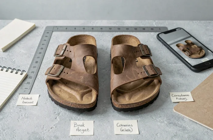 Comparaison côte à côte d'une vraie Birkenstock et d'une contrefaçon pour identifier les différences de qualité et d'authenticité