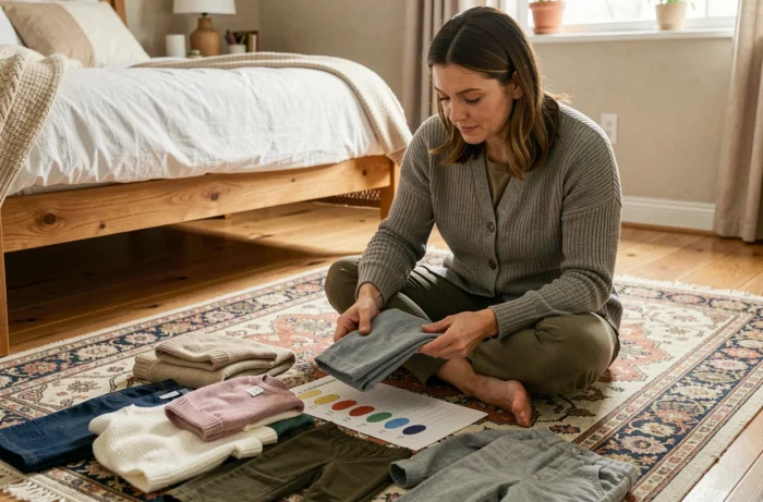Femme comparant des vêtements enfants au sol avec un guide de taille pour identifier la bonne taille sans étiquette