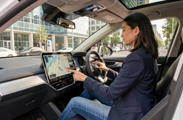 Femme interagissant avec l'écran tactile d'un SUV électrique à une station de recharge rapide en ville