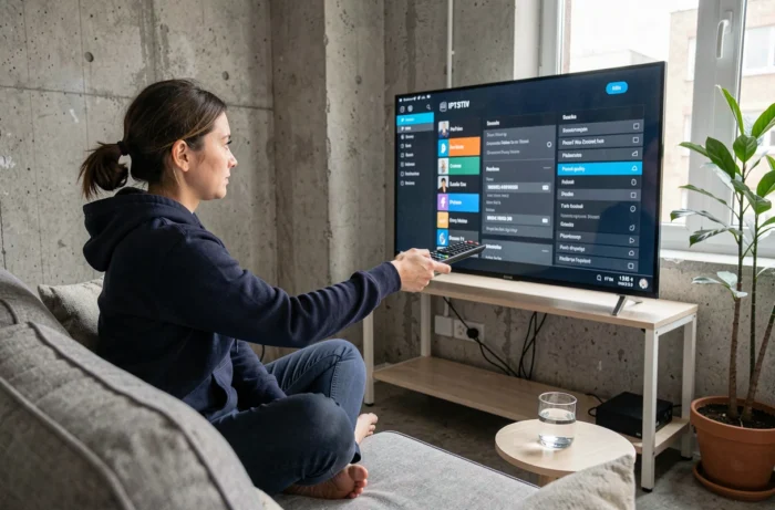Femme configurant une interface IPTV sur un écran de télévision dans un appartement urbain