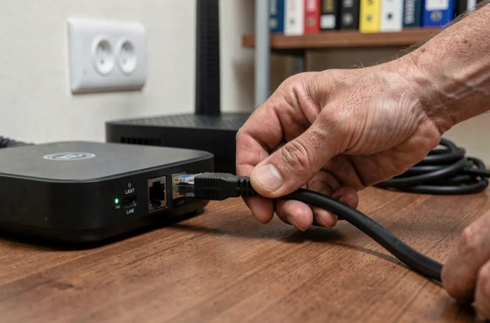 Gros plan des mains connectant un câble ethernet sur un boîtier IPTV et un routeur Wi-Fi