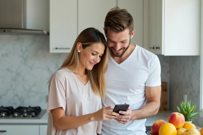 Couple se connectant à leur espace client Siblu Connect sur smartphone dans une cuisine moderne