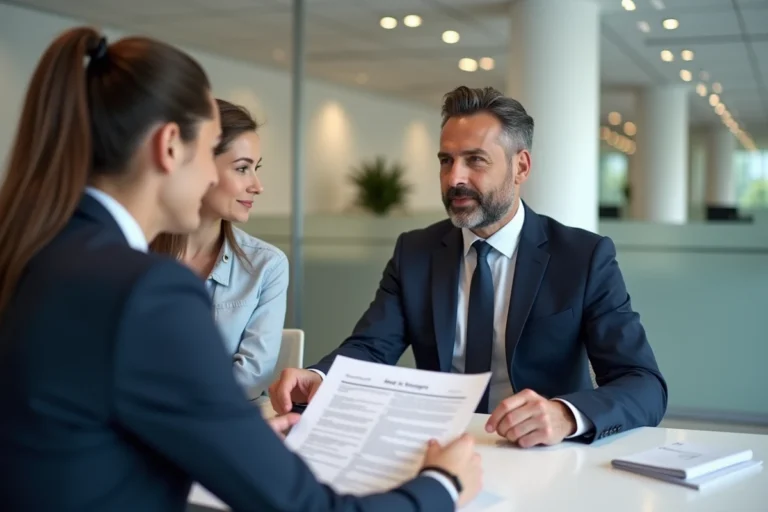 Conseiller financier BPCE Financement expliquant un contrat de prêt à un couple dans une agence bancaire moderne