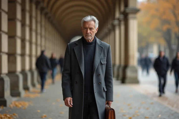 Conseiller financier français aux cheveux argentés en manteau gris marchant sous les arcades du Palais-Royal à Paris, illustrant le parcours discret d'une grande fortune française